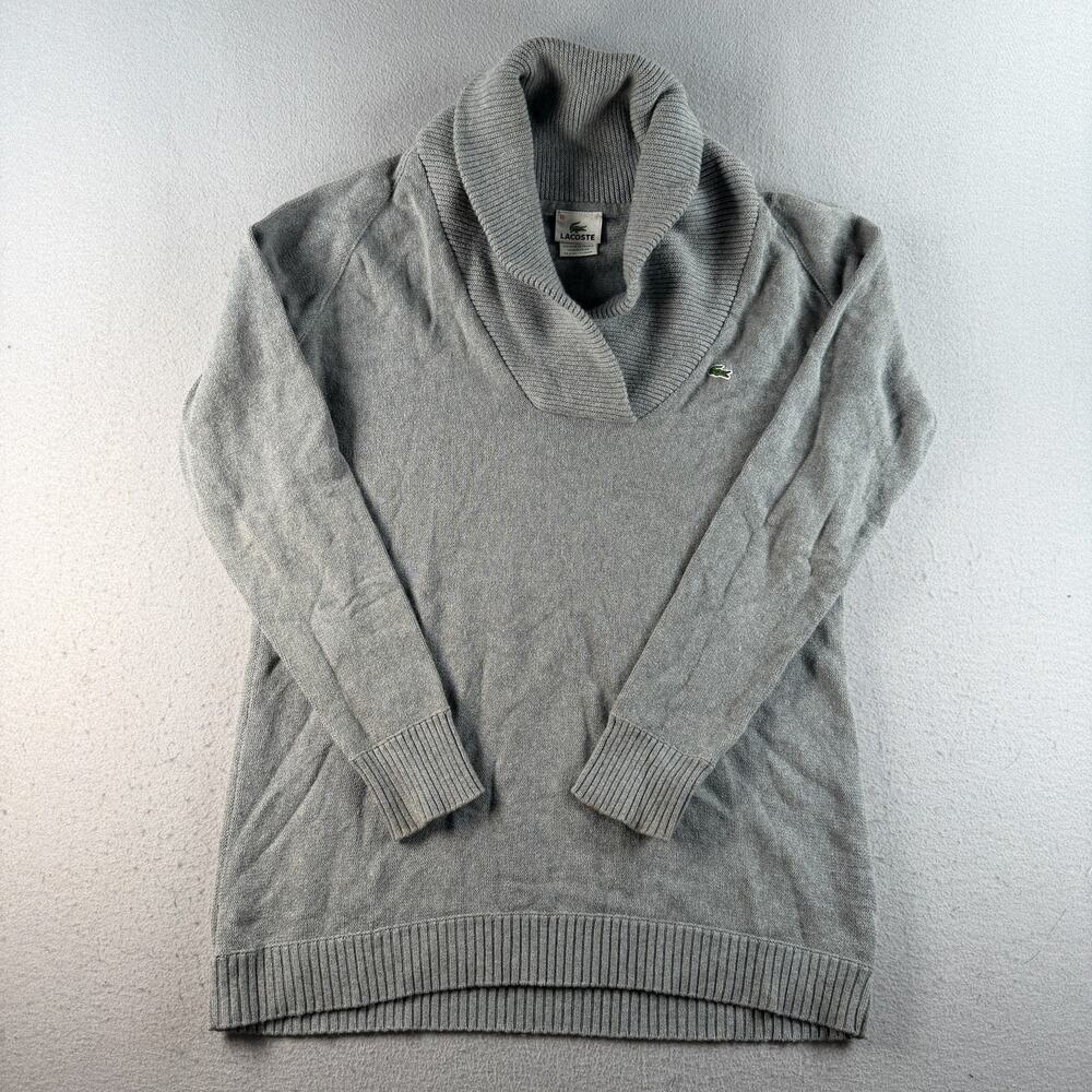 Lacoste Gray Shawl Collar Pullover Sweater Size 46 Crocodile Logo Long Sleeve